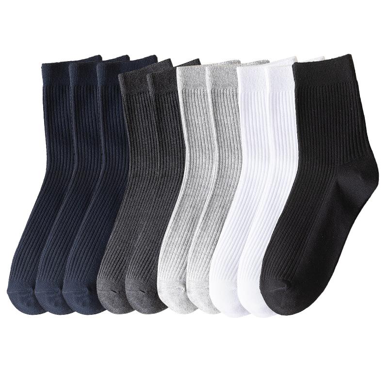 10 Pairs Men's Cotton Striped Socks Breathable All Season Solid Color Business Warm Knit Middle Tube High Quality Socks