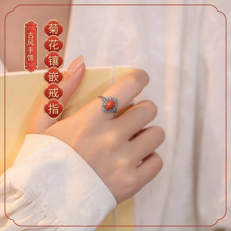 Adjustable Open Ring Women Men Copper Floral Daisy Design Natural Red Agate Boho Vintage Style Jewelry