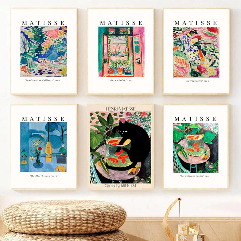 Vintage Colorful Matisse La Music Cat and Goldfish Poster Living Room Oil Painting Home Wall Art