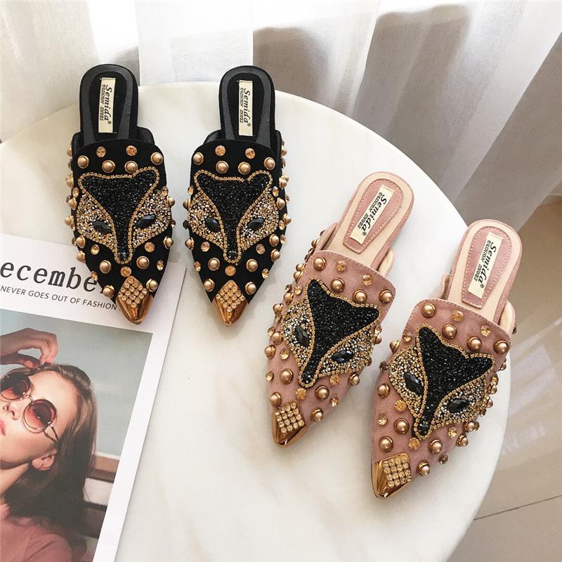 Fashion Plus Size 35-43 luxury metal studs crystal fox modern slippers women summer shoes sandals slides metalic pointed toe mules 2025