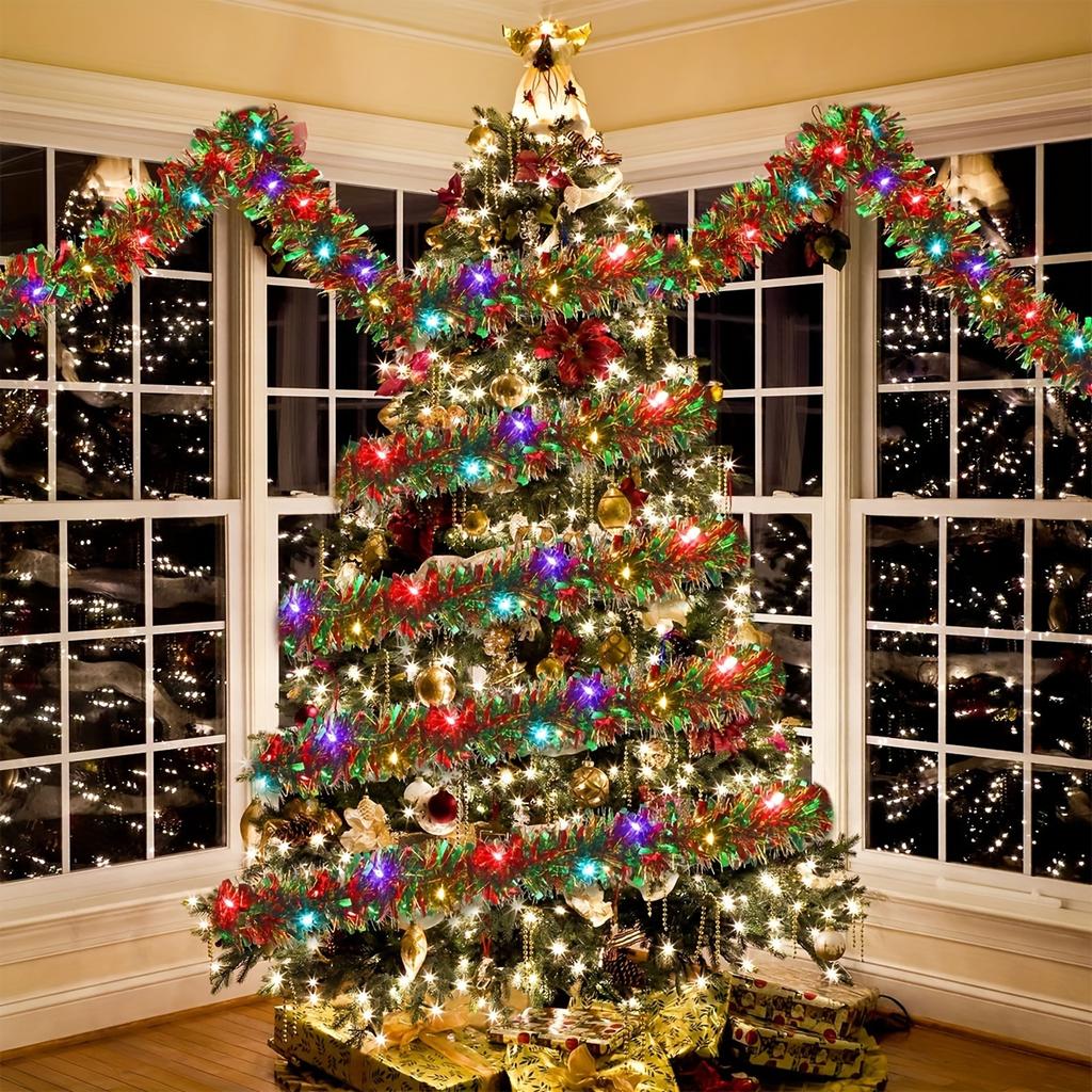 Christmas Tinsel Garland Thick Hanging Decorations for Xmas Party Indoor Outdoor (Without Battery)  for Festive Decorations