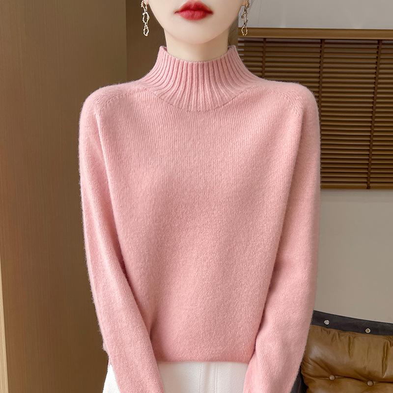 Women's 100% Pure Wool Half-High Neck Long-Sleeve Pullover Sweater - Thickened Base Layer for Autumn and Winter
