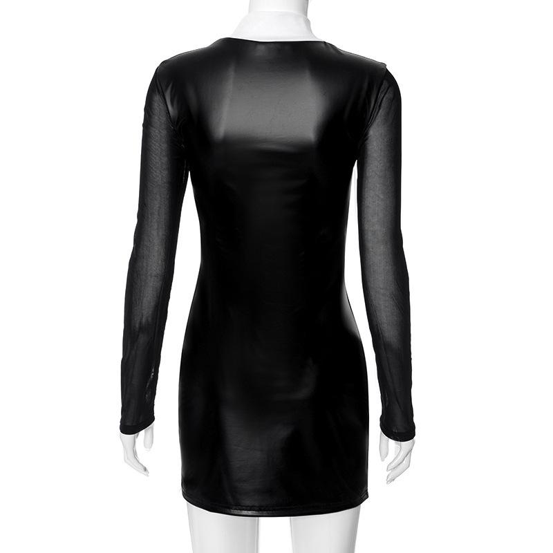 Autumn 2023 European & American Women's Mesh Spliced PU Leather Dress
