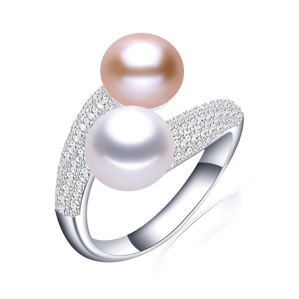 New Double Pearl Adjustable Natural Freshwater Pearl Original 925 Silver Zircon Women's Ring Fine Bridal Jewelry