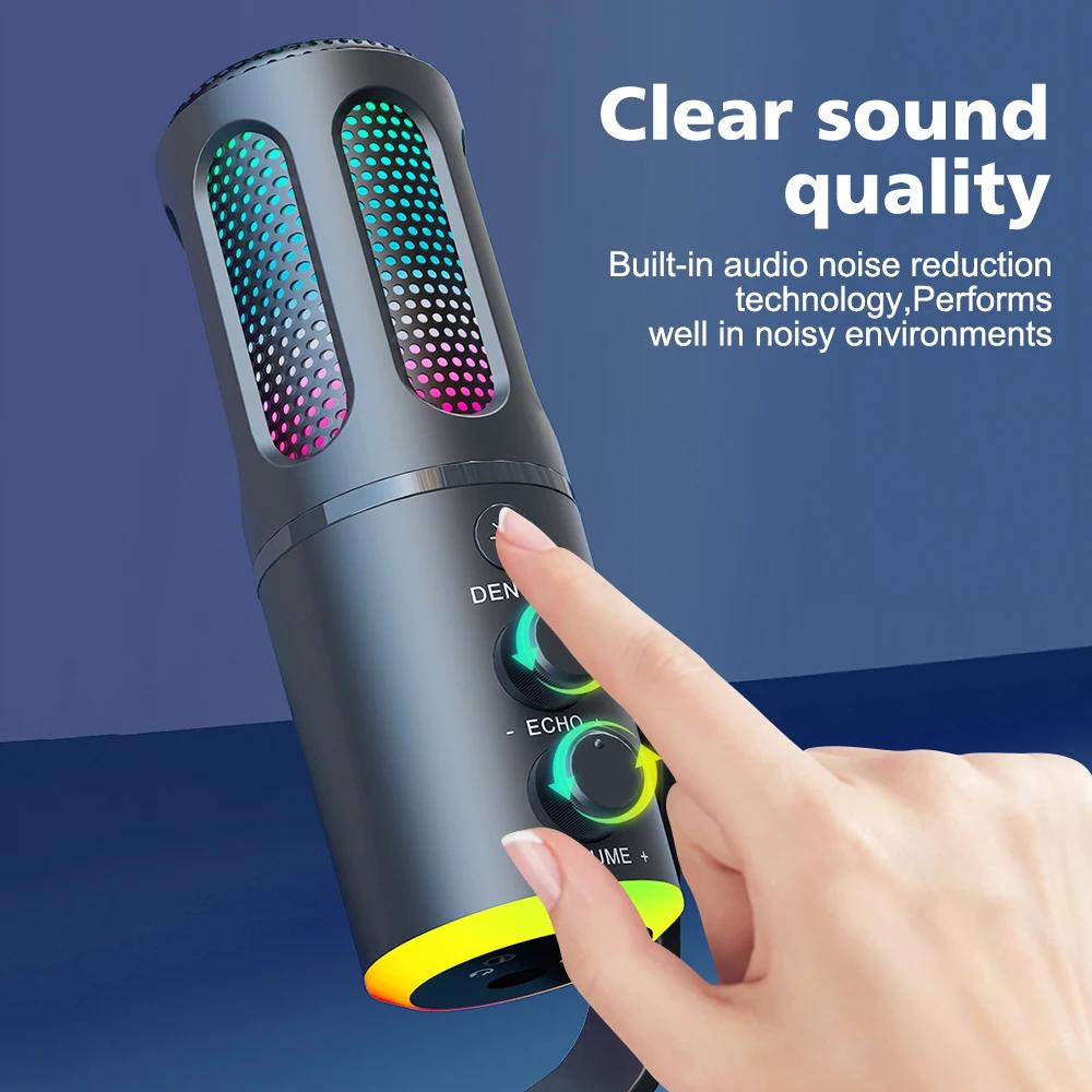 Professional RGB Condenser Microphone for Laptop USB PC Mic with Earphone Jack for Gaming Streaming Video Recording Broadcast