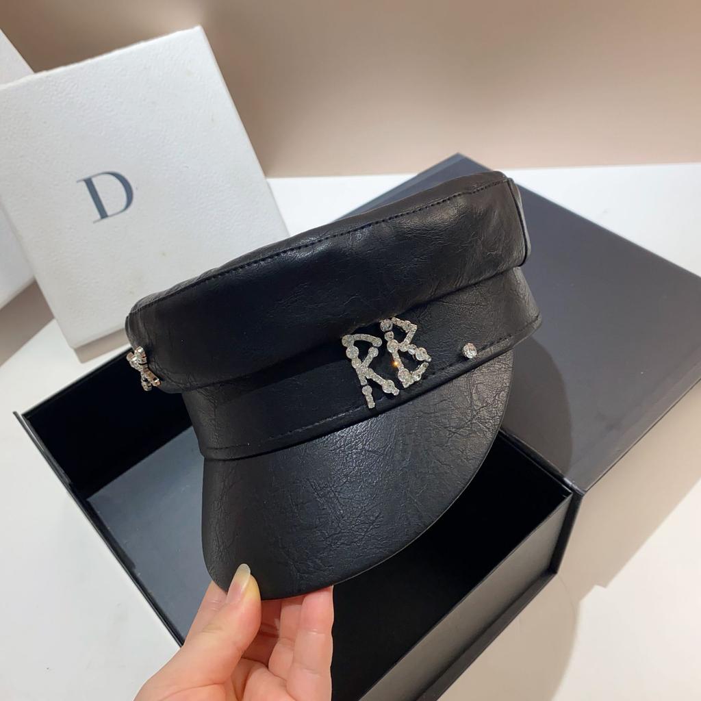R Leather Navy Hat, European Station Versatile Black Newsboy Hat Women'S Spring And Autumn Fashionable Flat Top Cap