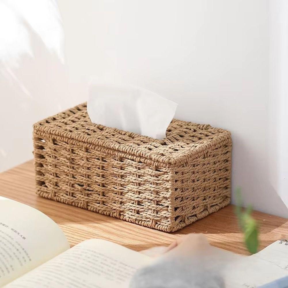 Large Capacity Imitation Rattan Tissue Case Handmade Desktop Napkin Dispenser Table Decoration