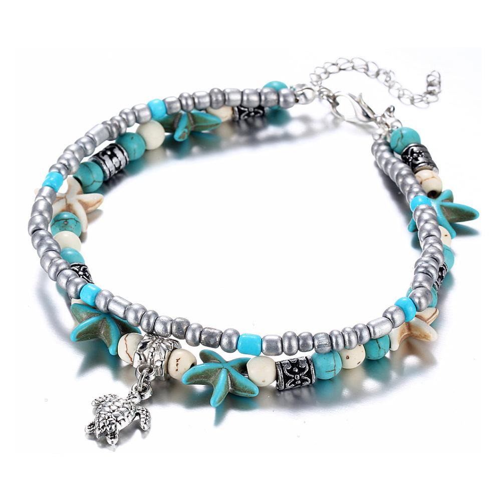 Vintage Turquoise Starfish Turtle Foot Ornaments Beach Layer Beaded Hollow Double Anklet for women Valentine's Day Gift