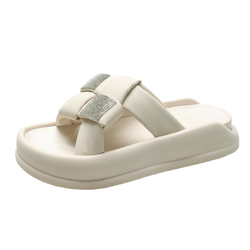 Outer Wear One Word Slippers Summer Muffin Thick Bottom Rhinestone with Skirt Wear Thin Beach Sandals Female Fashion Women Summer Breathable Shoes