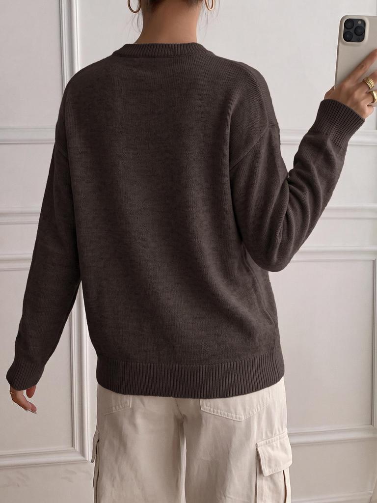 2026 Autumn/Winter Casual Knit V-neck Henley Collar Loose Sweater for Women