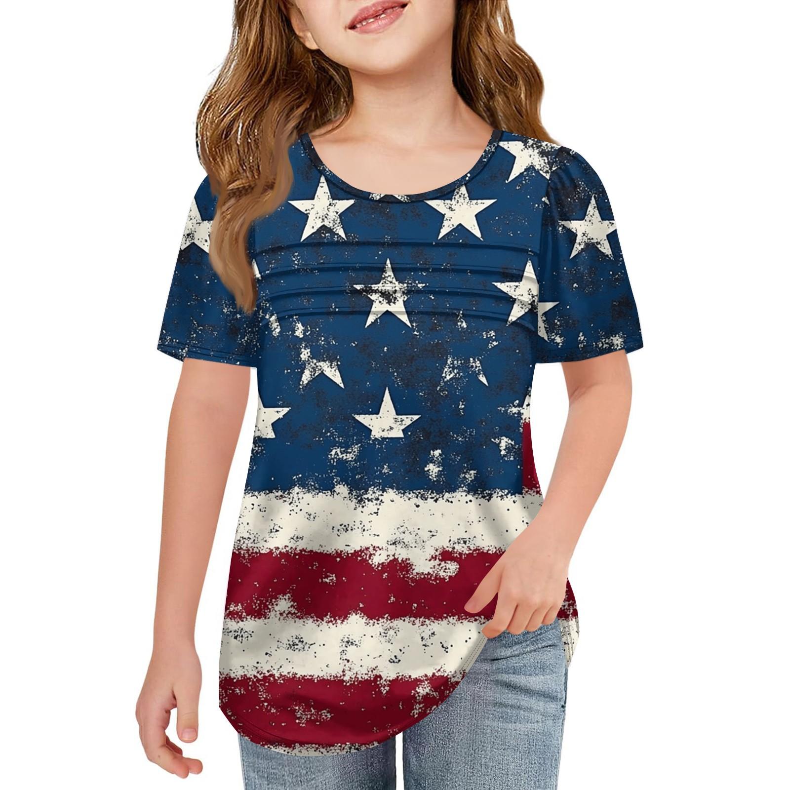 

Kids Pleated T-shirt Short Sleeve Summer Crewneck Printed Independence Day Casual Top T-shirt 120 винный