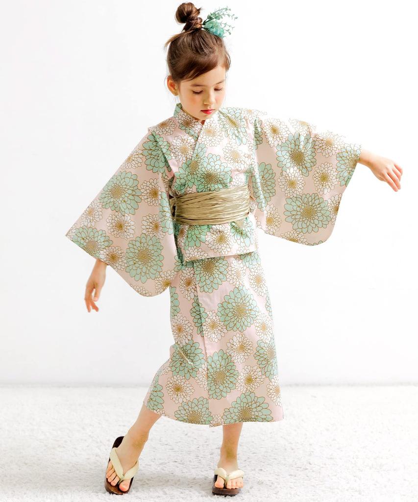 Bee Yukata Set for Easy To Perfect for Festivals and Fireworks with a Shibori Obi and Pink Dahlia Pattern 3-Piece Girls, Summer, Wear, Two-Way Design,