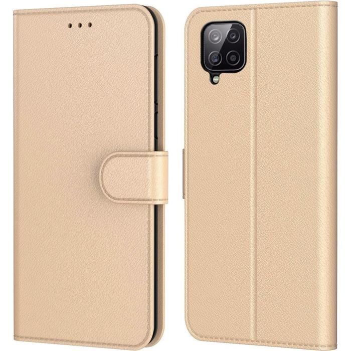 Coque - Samsung - A12 - Doré - Protection 360° - Effet Cuir - Étui Portefeuille