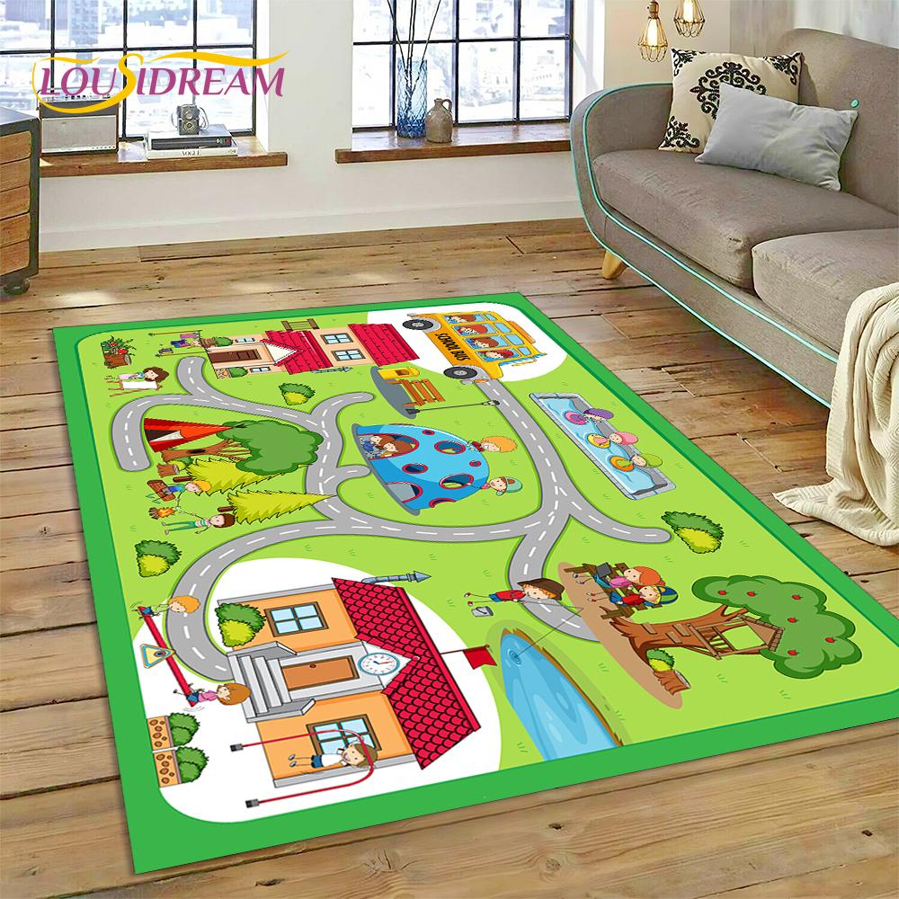 City Traffic Road Map Runway Child PlayMat Highway Playroom Area Rug,Carpet Rug for Living Room Bedroom Sofa Doormat, Non-slip