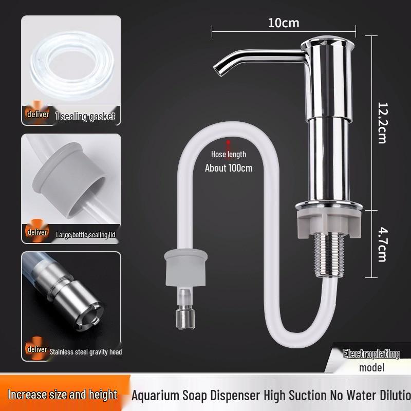 Presse d'évier en acier inoxydable avec distributeur de savon, tube d'extension pour détergent et filtre pour aquarium.