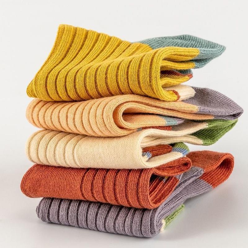 5 Pairs Korean Harajuku Style Retro Striped Socks Cotton Mid-tube Women's Socks