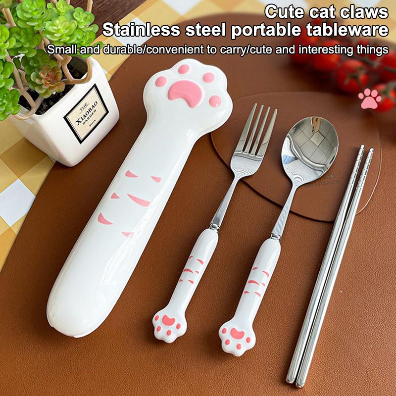 Cute Cat Paw Cutlery Set Stainless Steel Fork Spoon With Storage Box Dinnerware Tableware Silverware Lunch Portable Tableware