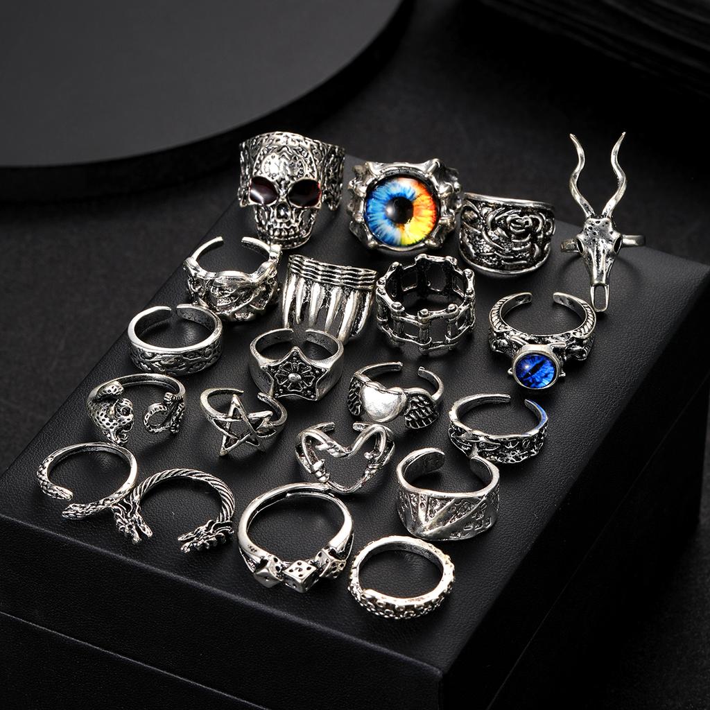 20Pcs/Set Retro Punk Gothic Rings for Women Men Silver Color Heart Evil Eyes Skull Snake Pentagram Rings Set Trendy Jewelry Gift