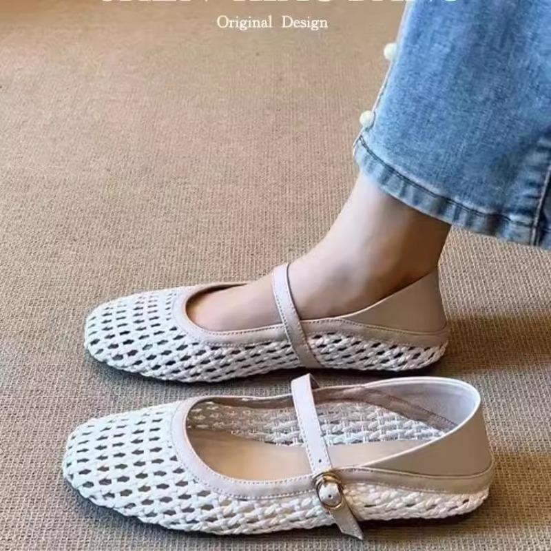 

Fashion Summer New Woven Flat Shoes for Women Square Toe Mary Jane Shoes Casual Hollow Cool Sandals Multifunctional Slippers for Women 40 бежевый