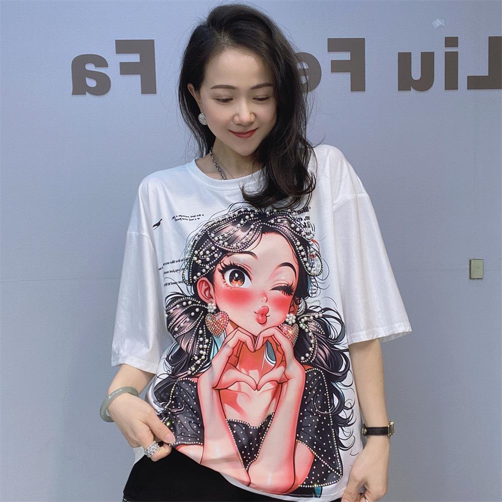 Summer Short Sleeve T-Shirts Women Summer O Neck Cartoon Girl Printed Diamonds Beading Casual Oversized T Shirt Lady Clothes