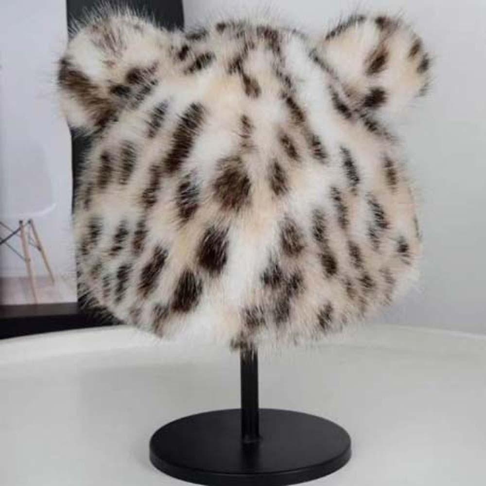 Soft Plush Bear Hat Imitation Mink Fur Brimless Pullover Cap Fashion Leopard Print Beanie  Girls