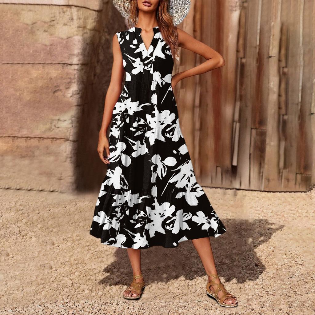 Women's Casual And Fashionable V-neck  Sleeveless Printing Mid Length Dress