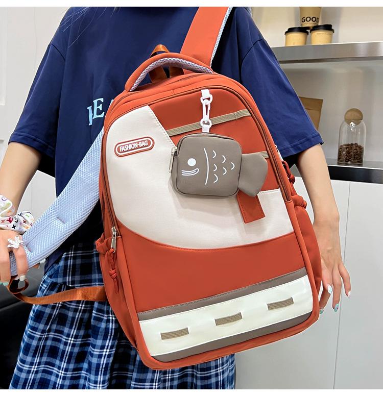 Large Capacity Color Block Student Backpack with Small Fish Pocket - Wear-Resistant Casual Design