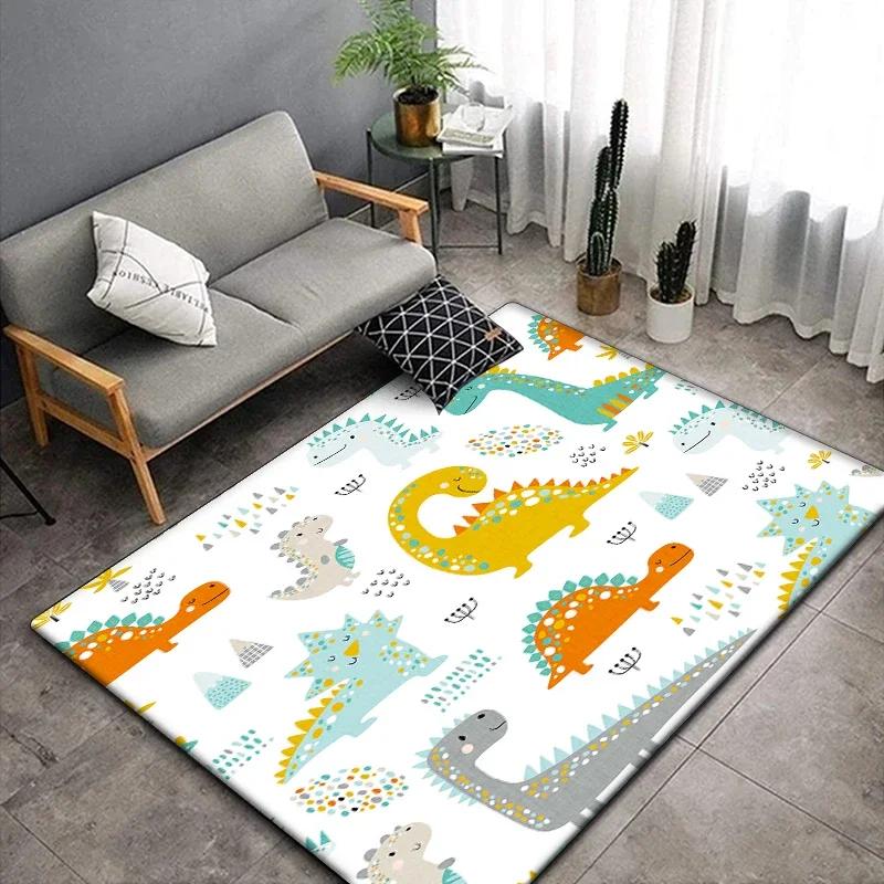 1 pieza Alfombra linda con estampado de dinosaurio de dibujos animados para sala de estar, dormitorio, alfombra para gatear para niños resistente a las arrugas, alfombra de suelo antideslizante