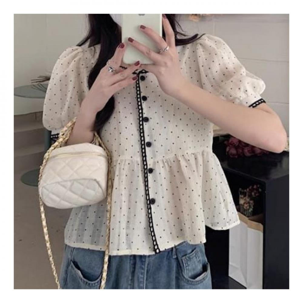 Navava Women Lovely Dot Puff Crop Short Sleeve Blouse Nb2122