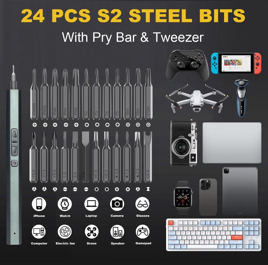 AMZDIGI Electric Precision Screwdriver Maximum Forward and Reverse LED for DIY Repair Tools 30-in-1 Set, 2-Level Torque, 3N.m, Pen-Shaped, Pop-Up