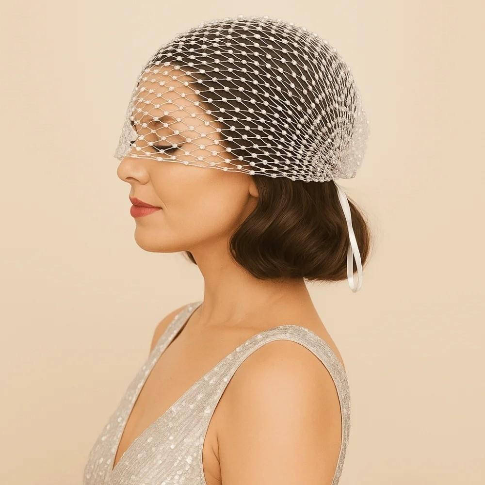 Elegant Elastic Rhinestone Face Veil Stretchable Adjustable Hollow Out Beanies Sparkling Bridal Headwear Women