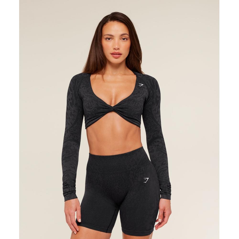 Gymshark Adapt Animal X Whitney Long Sleeve Crop Top Black Asphalt Grey b5c9X Bdrd
