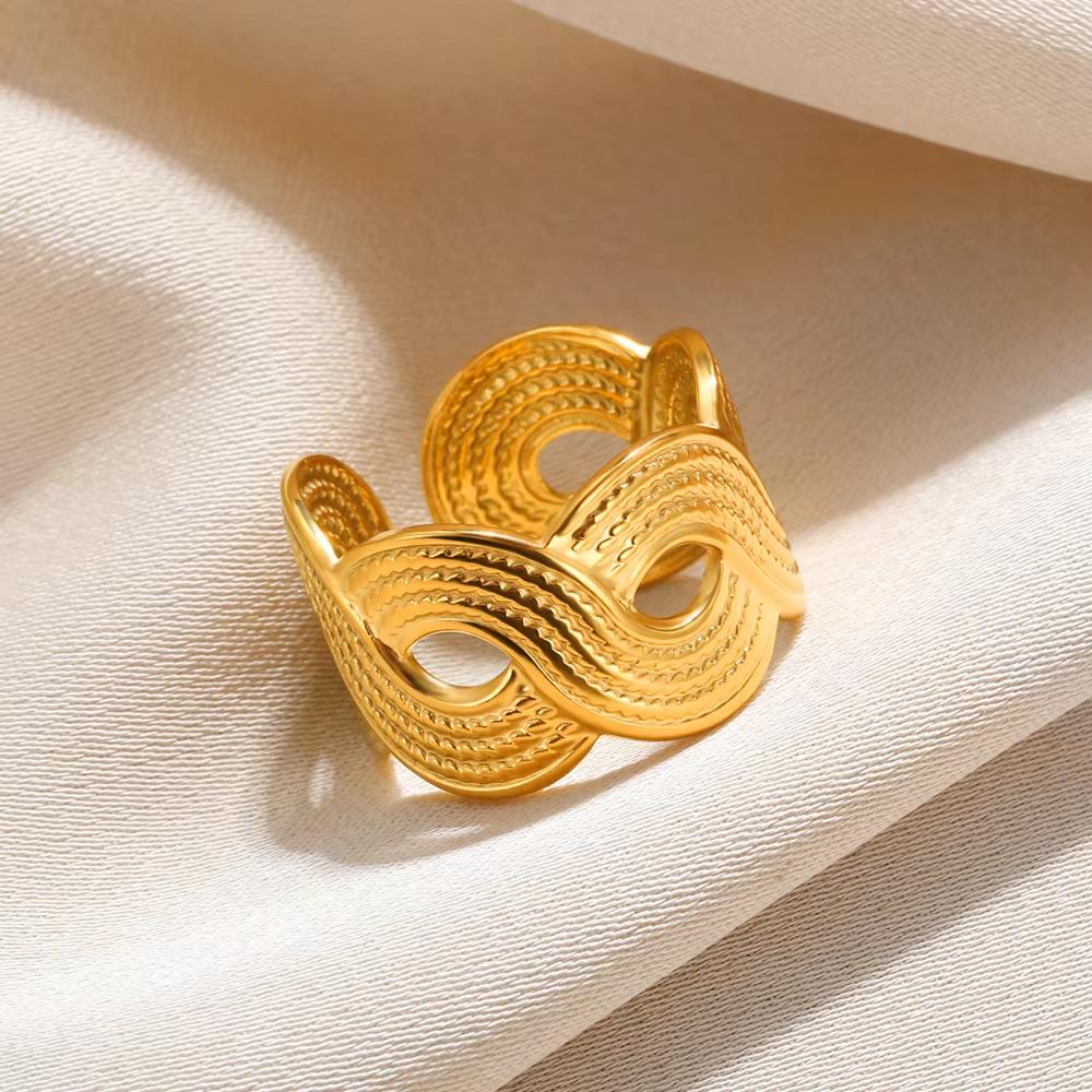 Stainless Steel Punk Irregular Wave Broad Surface Ring For Women Creative Gold Color Open Rings Waterproof Finger Jewelry Gifts