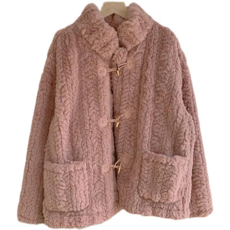 Lamb Wool Coat Women Winter Thick Imitation Otter Rabbit Hair Loose Plush Horn Buckle Round Collar W All-match Student