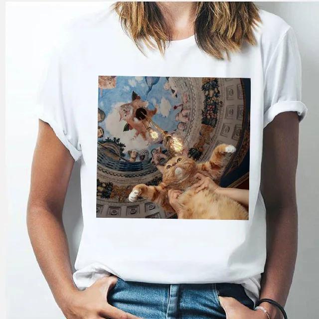 Oil Painting Cat Women's Fashion Personality Spoof Classic Oil Painting T-shirt Women Clothing Tops Harajuku Aesthetic Oversized