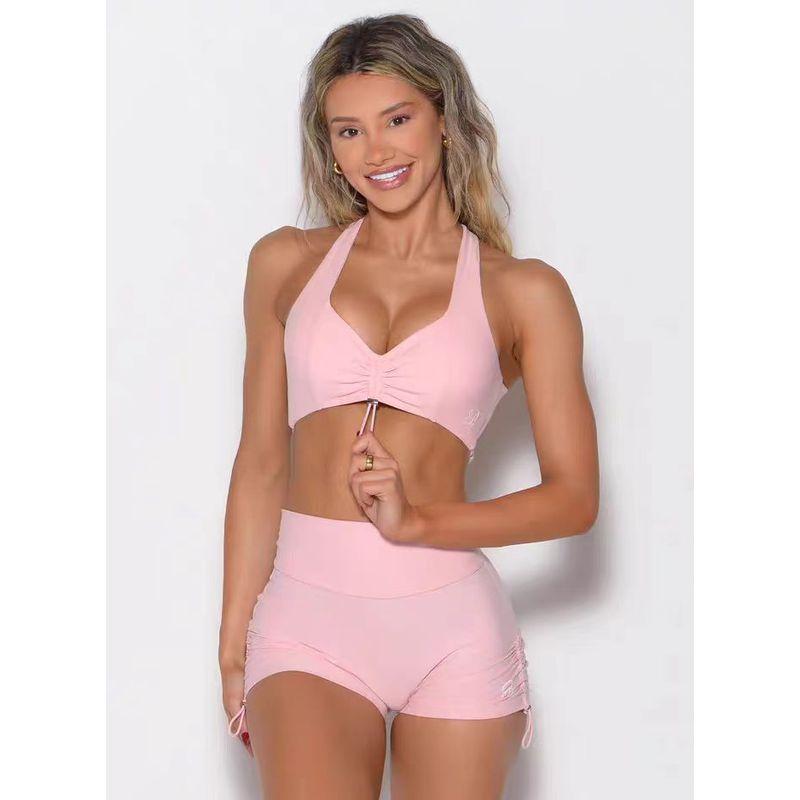 

Женское нижнее белье для йоги на кулиске, сексуальное, с красивой спинкой, на бретелях, со сборками, конфетного цвета, спортивное, быстросохнущая одежда для тренировок, женское, высокоэластичное M Pink Bra