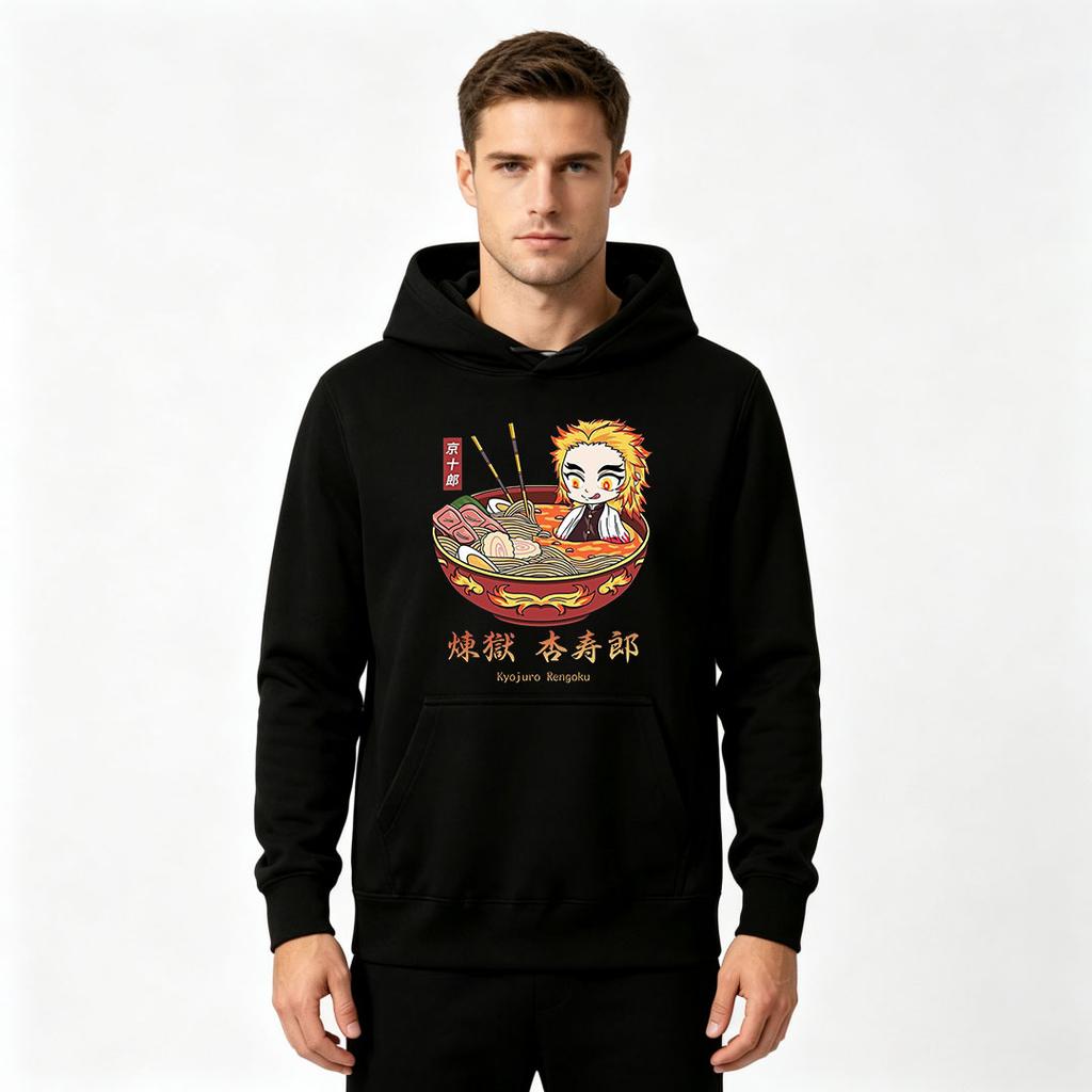 Men's Print Pullover Hoodie, Cute Anime Character Ramen Bowl Pattern Casual Hooded Sweatshirt