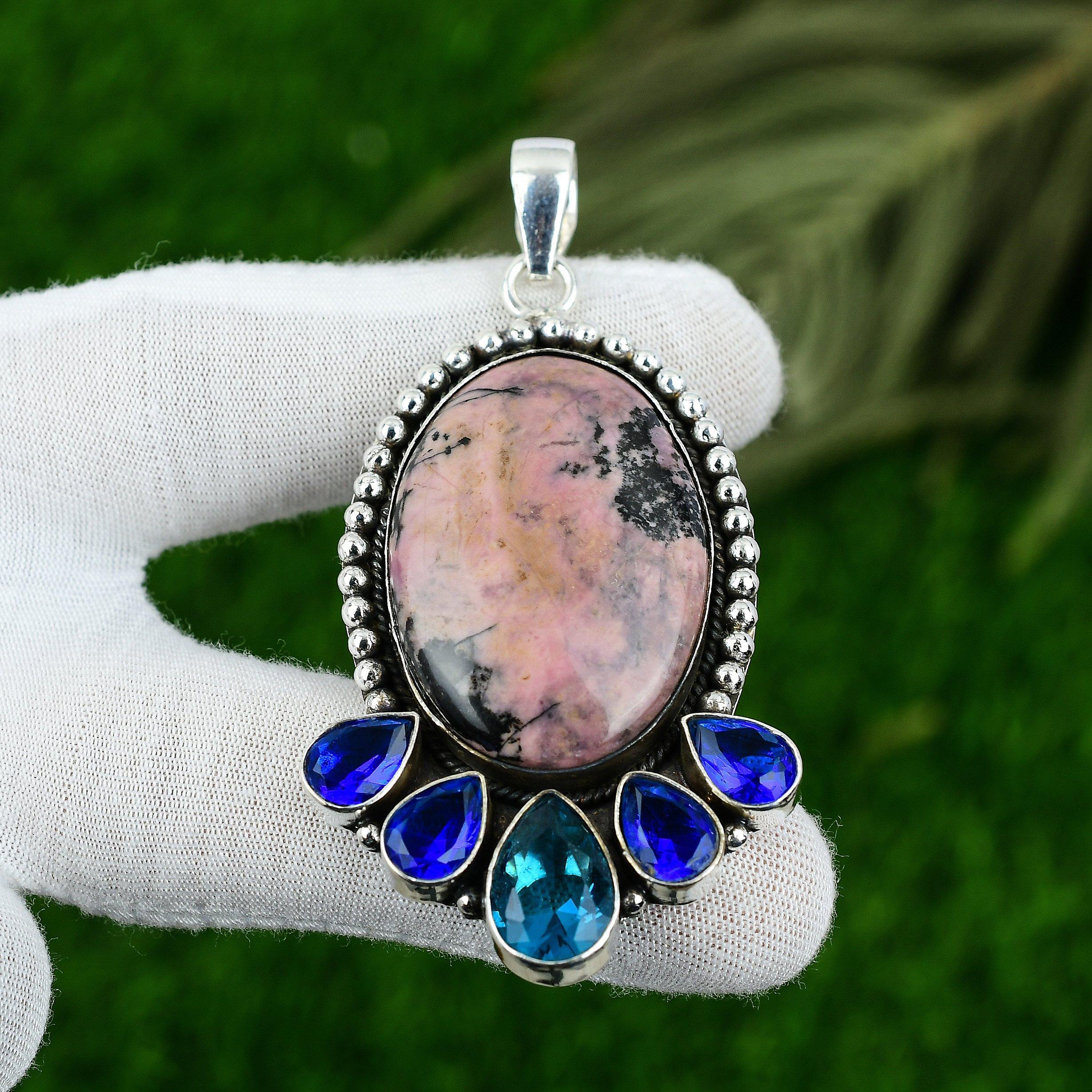

Natural Rhodonite Gemstone Pendant Pink 925 Sterling Silver Indian Jewelry