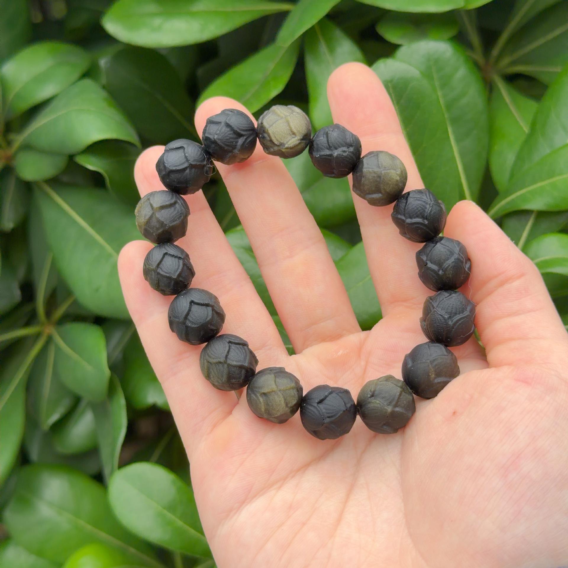 Antique Lotus Carved Obsidian Bracelet with Buddhist Beads for Men  Women