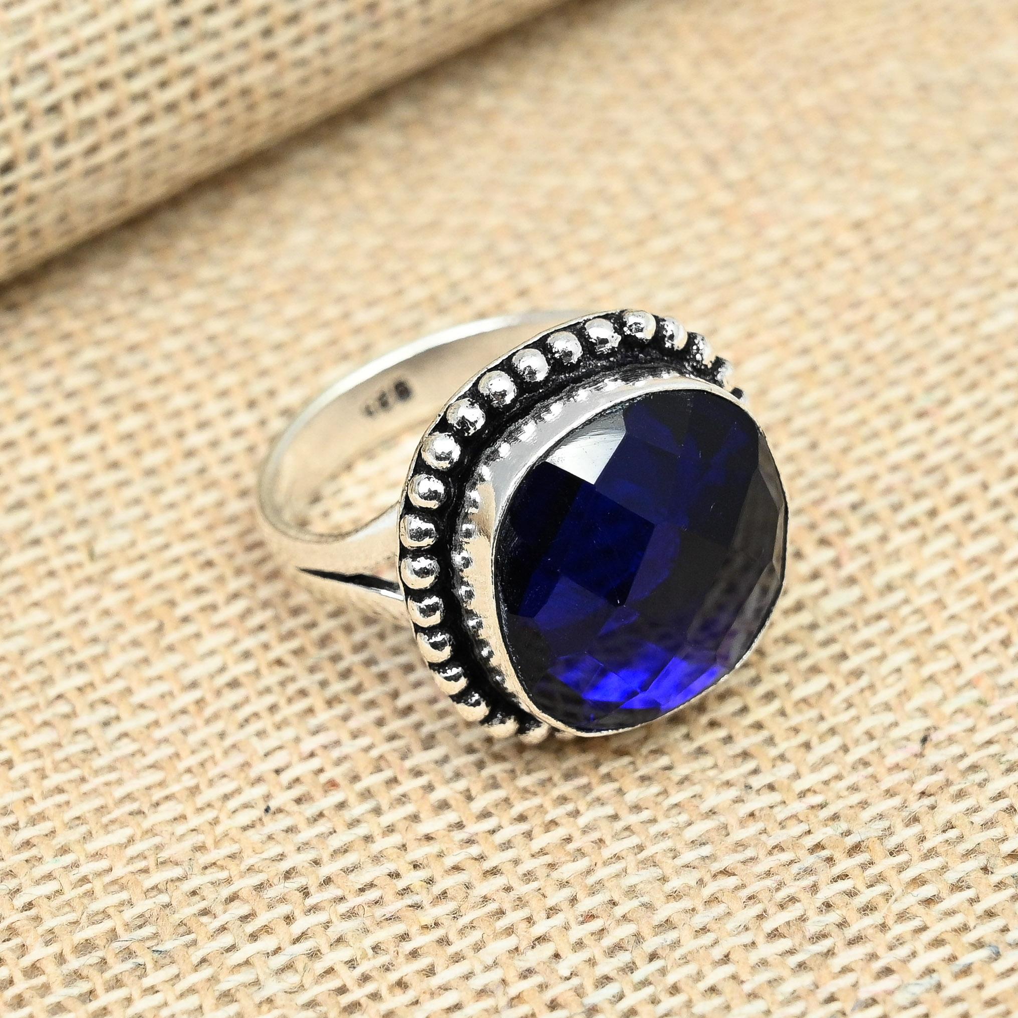 

Синий сапфировый драгоценный камень, созданный в лаборатории, серебро 925 пробы, дизайнерское кольцо ручной работы с камнем, ювелирные изделия 8.5 синий