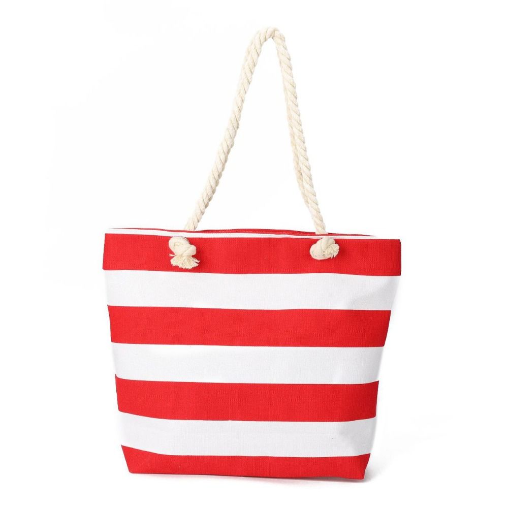 Striped Beach Tote Bag Canvas Foldable Shoulder Bag Zipper Large Capacity Travel Handbag For Travel Work Beach Gym Store