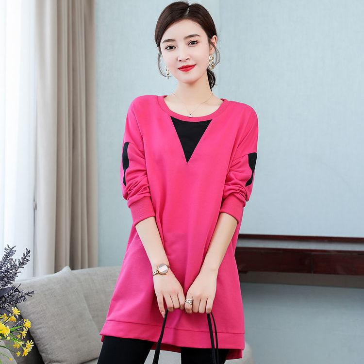 

Женская хлопковая футболка большого размера, свободные повседневные футболки с круглым вырезом, весна-осень, топы больших размеров, футболка, пуловер XXXL розовый