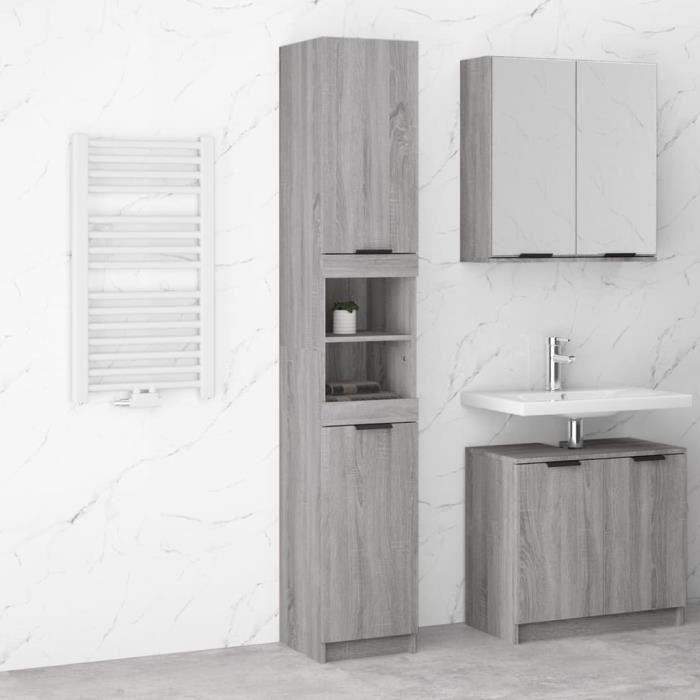 Armoire de Bain - SONOMA - 32x34x188,5 cm - Bois d'ingénierie - Couleur gris - Montage facile