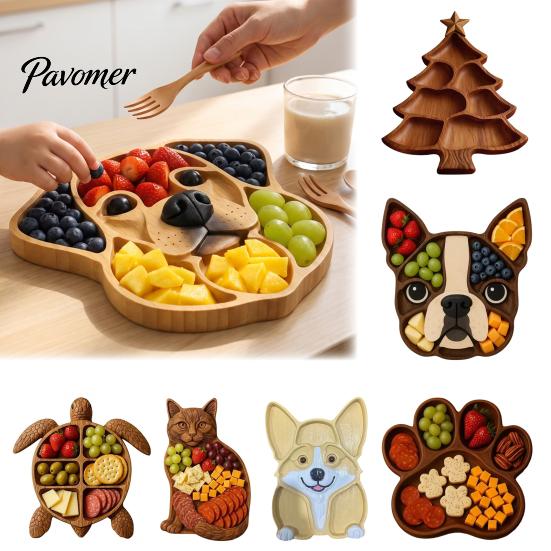 Solid Wood Food Display Wooden Christmas Tree Charcuterie Platter, Animal Shape Serving Tray with Turtle Cat Dog, Fruit Nut Platter Divided