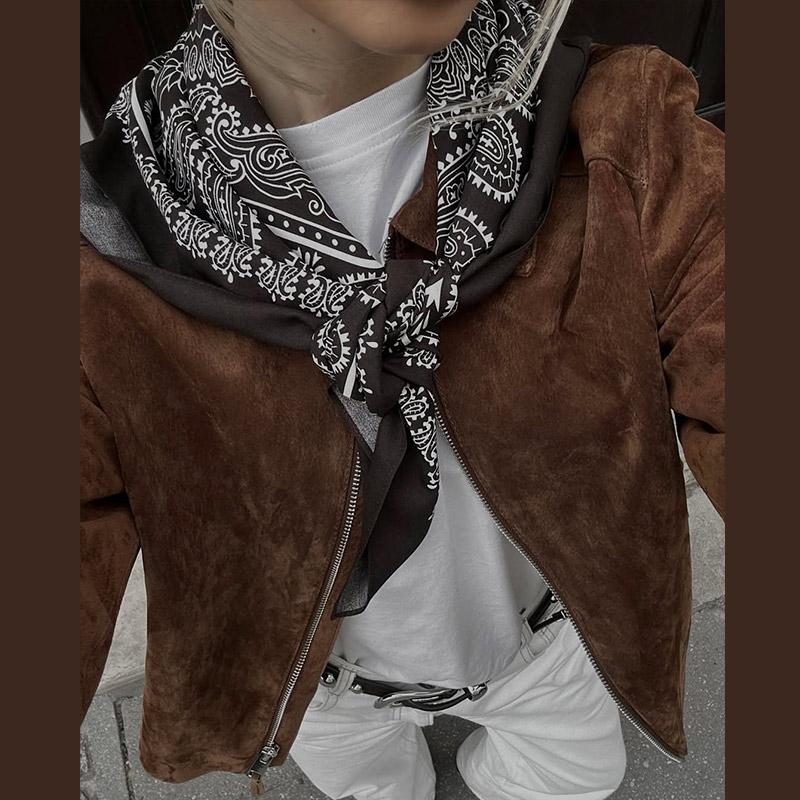 Turndown Collar Zipper Long Sleeve Brown Suede Jacket Windproof Warm Women's Retro Short Jacket Spring and Autumn