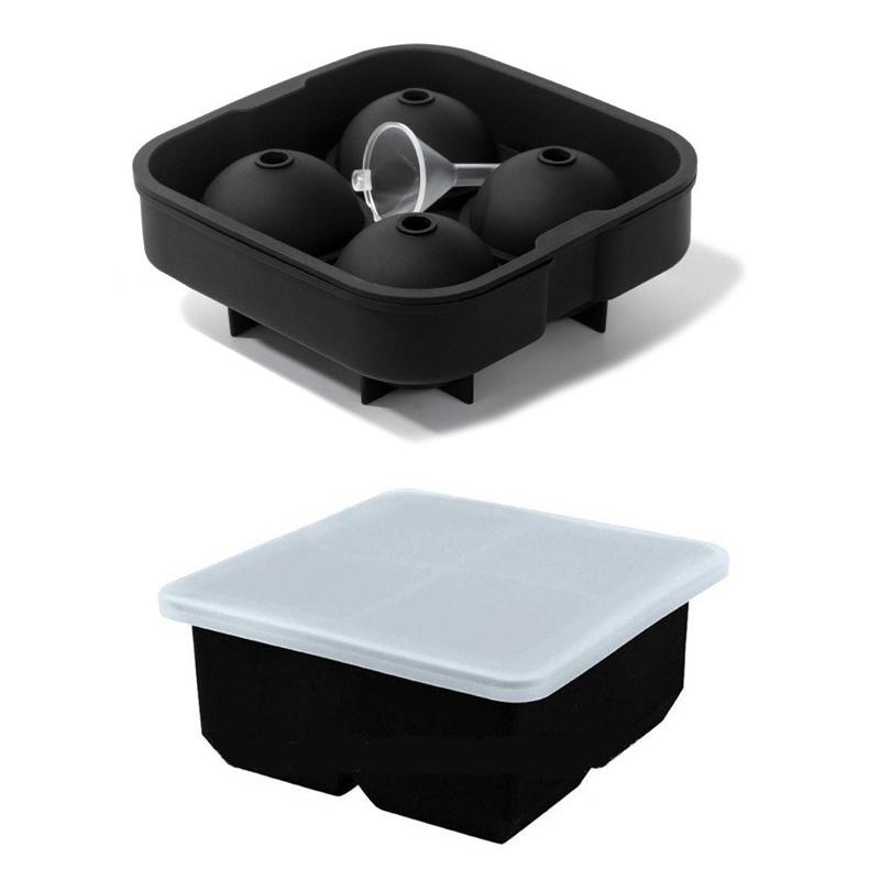 

2-piece 4-panel Covered Square Ice Cube Maker Round Ball with Funnel Reusable Silicone Whiskey Ice Cube Mold Blue