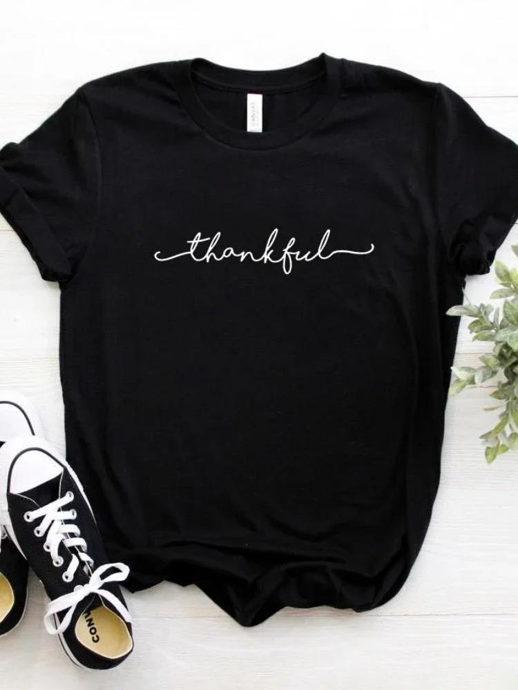 Thankful  Letter Print T Shirt Women Short Sleeve O Neck Loose Tshirt Ladies Summer Women Tee Shirt Tops Mujer