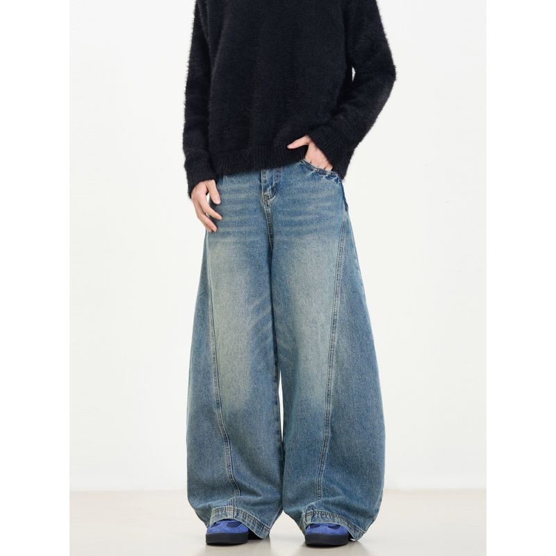 Kisko American Retro Washed Distressed Machete Design Denim Male and Female Trendy Brand Wide Leg Loose Sickle Pants