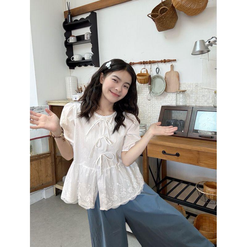 Kumikumi Sweet Style French style Lace Short sleeve Shirts Women clothes Summer Lace-up Design Sense Younger Top