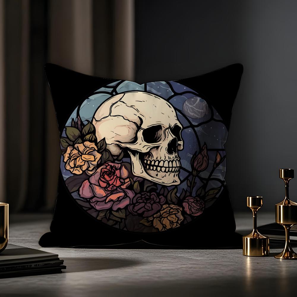 Cool Skull Heart Print Cushion Cover Anti-dustmite Pillowcase Invisible Zipper Silky Short Plush Sofa Cushion Cover